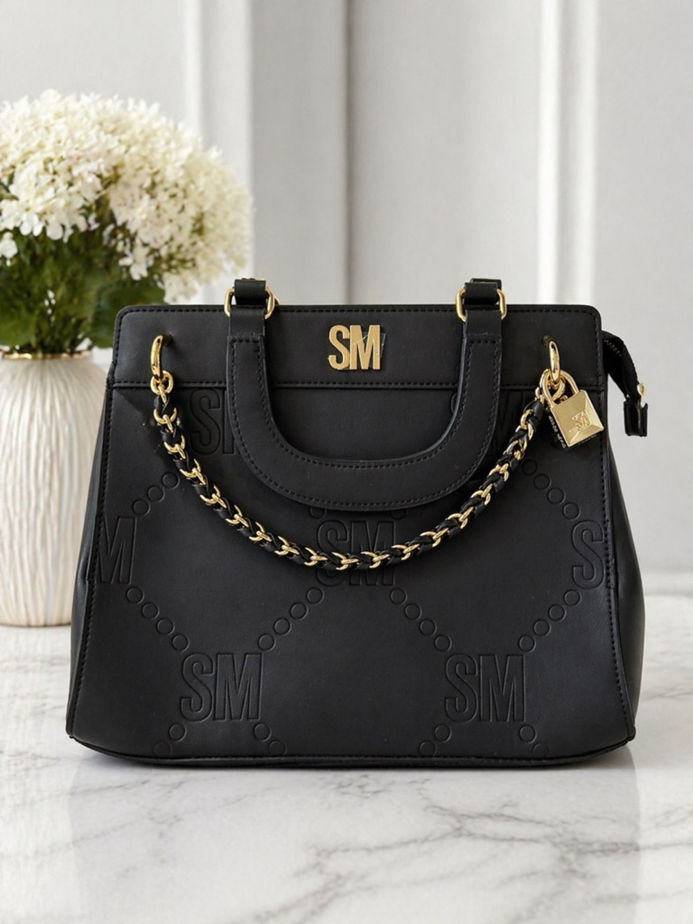 Steve Madden Black Satchel with Gold Chain and Logo